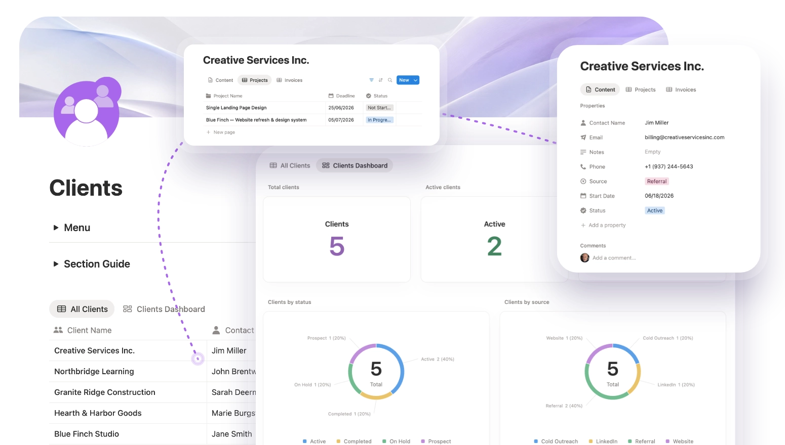 Solo HQ Clients section showing dashboard with client status breakdown