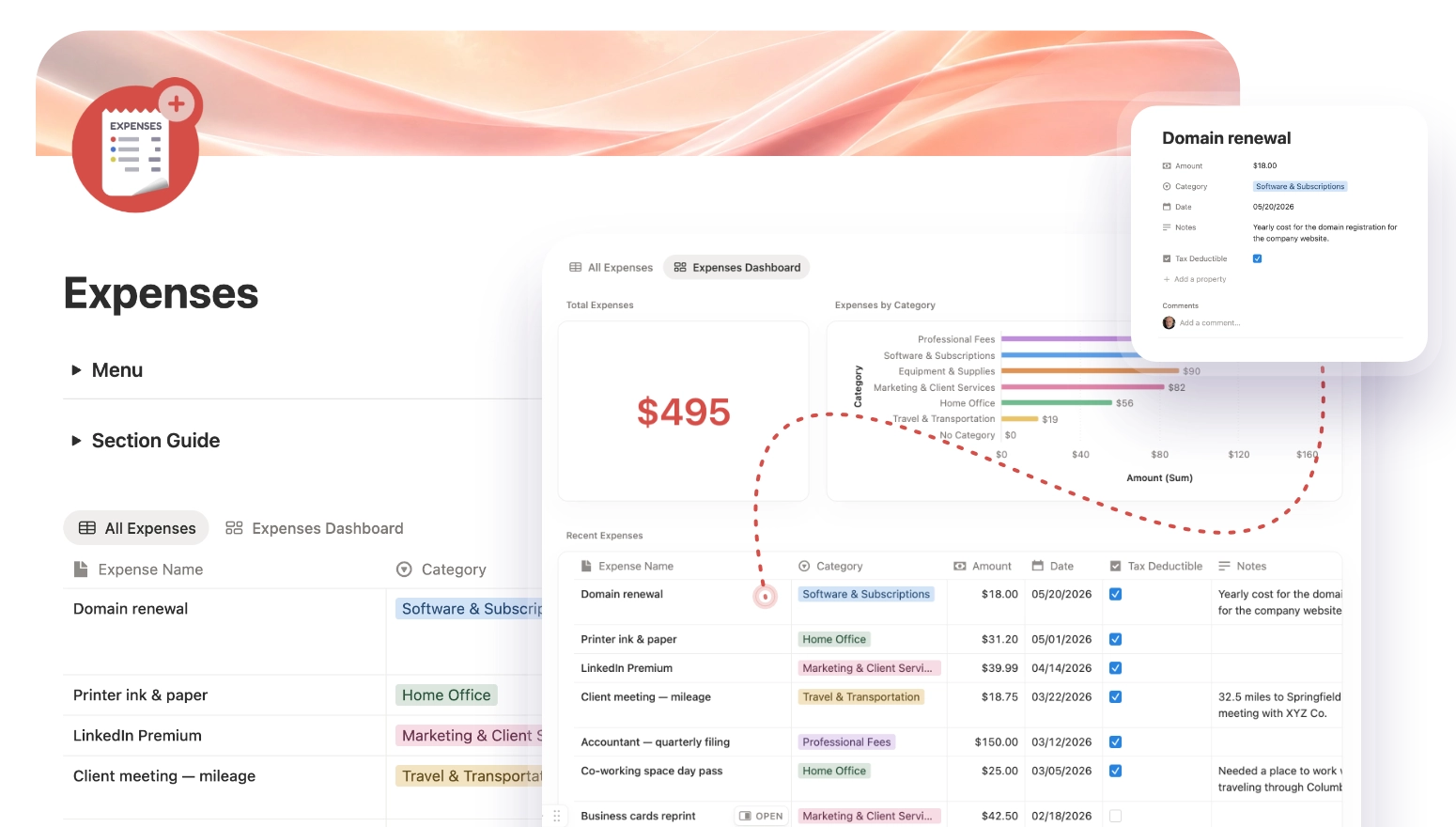Solo HQ Expenses section showing categorized expense tracking