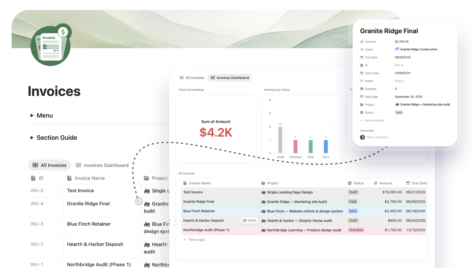 Solo HQ Invoices section showing invoice dashboard with payment status